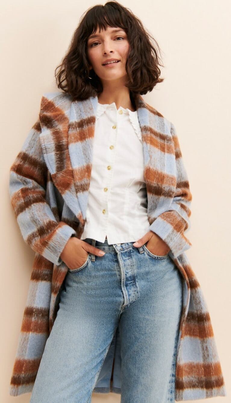 Anthropologie If By Sea Plaid Ruffled Overcoat Blue Tan Small Boho Chic Retro